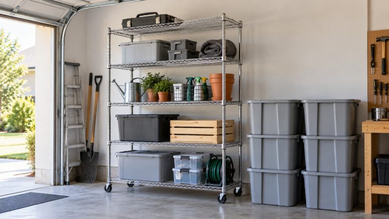 A chrome five-shelf wire storage rack on casters, standing in a garage beside a row of plastic storage bins.
