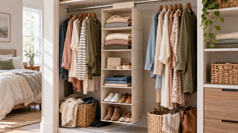 Hanging closet organizer neatly storing clothes and accessories