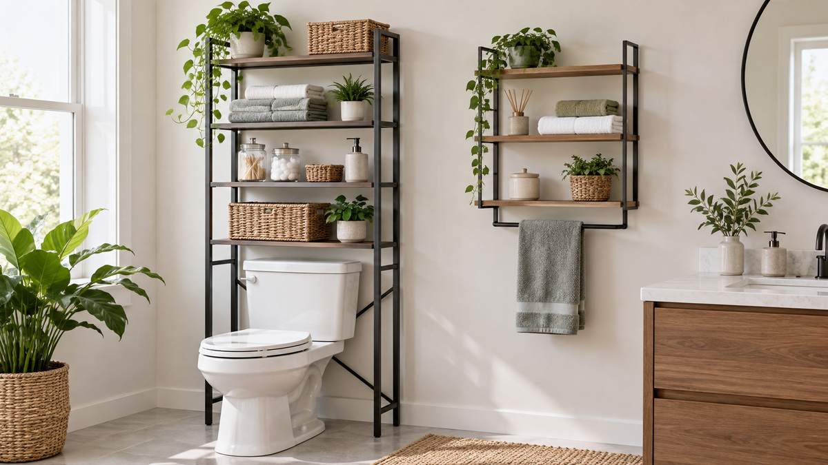 Two generic bathroom storage systems arranged in a bright neutral bathroom.