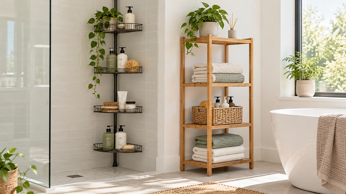 Editorial comparison scene featuring generic bathroom storage organization eudele options in natural light.