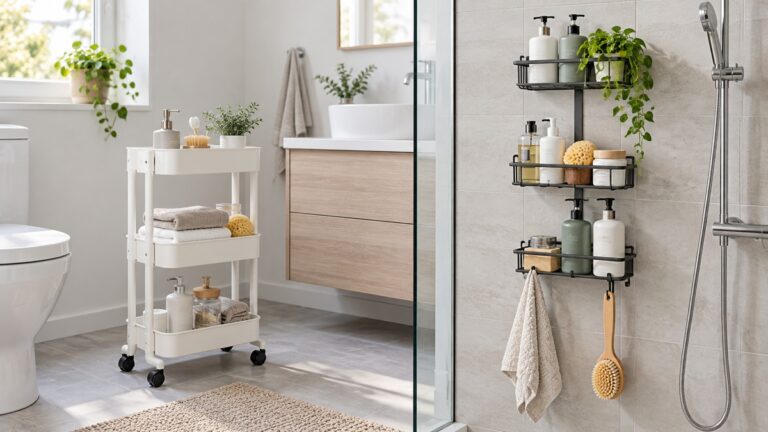 Side-by-side view of the EUDELE and Joqixon bathroom storage & organization products on a neutral background, emphasizing visible differences in size and configuration.