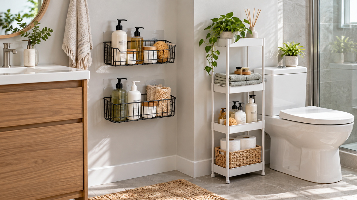 Two bathroom storage systems in a compact neutral bathroom.