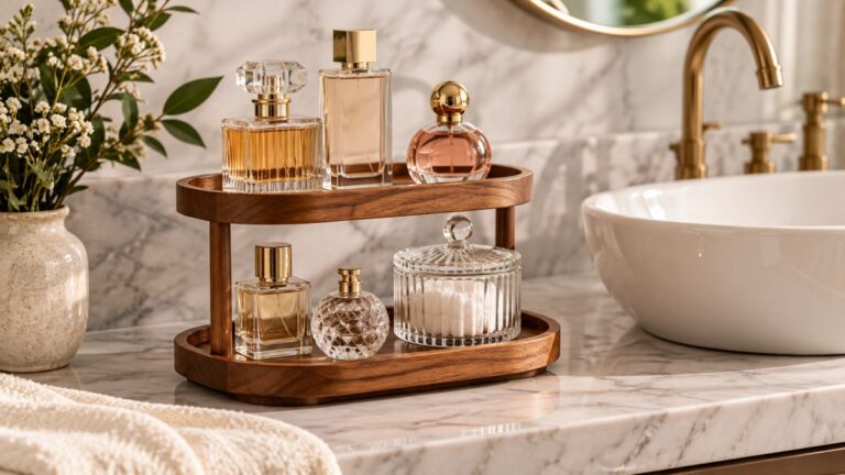 A two-tier wooden countertop organizer with beaded trim, holding perfume bottles and a small jar on a vanity beside a sink.