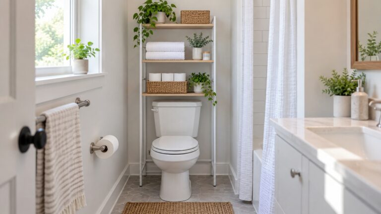 A narrow white bathroom with a 22-inch-wide freestanding over-toilet rack holding towels and toilet paper.