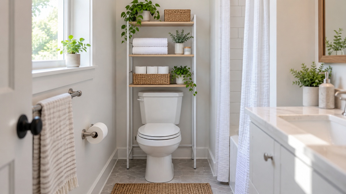 A narrow white bathroom with a 22-inch-wide freestanding over-toilet rack holding towels and toilet paper.