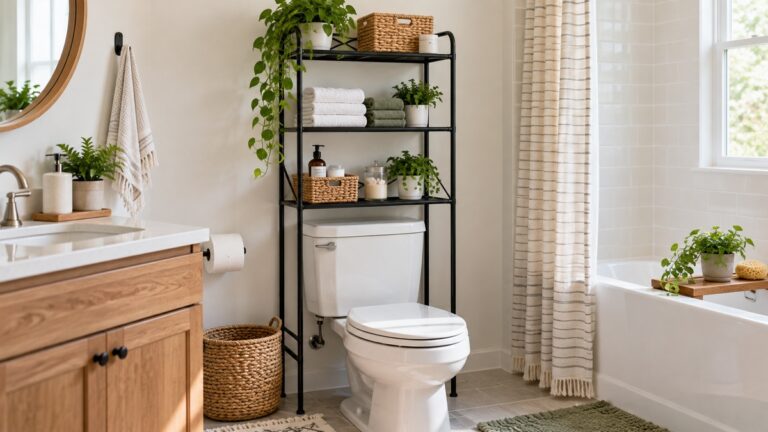 A bright small bathroom with a black metal 3-tier over-toilet shelf holding folded towels and toiletries.