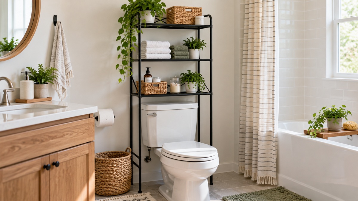 A bright small bathroom with a black metal 3-tier over-toilet shelf holding folded towels and toiletries.
