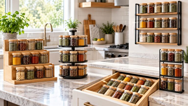 Several three-tier spice organizer styles displayed with plain jars in a bright kitchen.