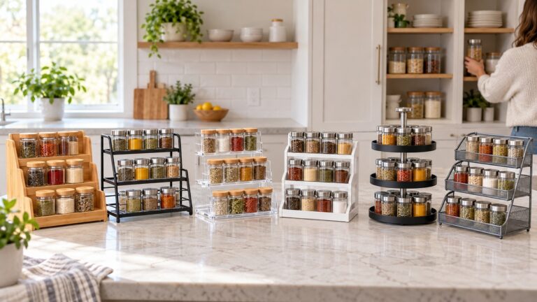 Six 3 tier spice shelf options arranged for a clear feature and fit comparison.