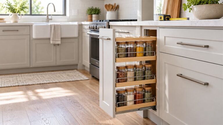 A narrow pull-out spice rack sliding out from a kitchen base cabinet, with glass jars on each tier and a tape measure resting on the counter.