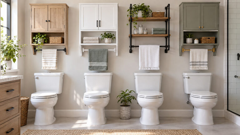 Above-toilet cabinet and shelf options with integrated towel bars in a bright bathroom.