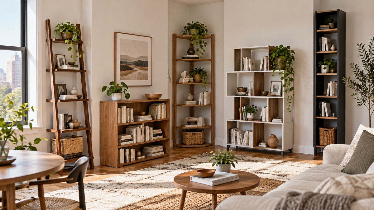 Five space-conscious bookshelf styles displayed in a bright apartment living room.