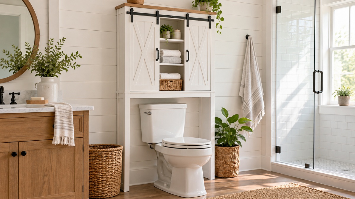A white farmhouse bathroom showing a freestanding barn door cabinet installed over the toilet with folded towels inside.