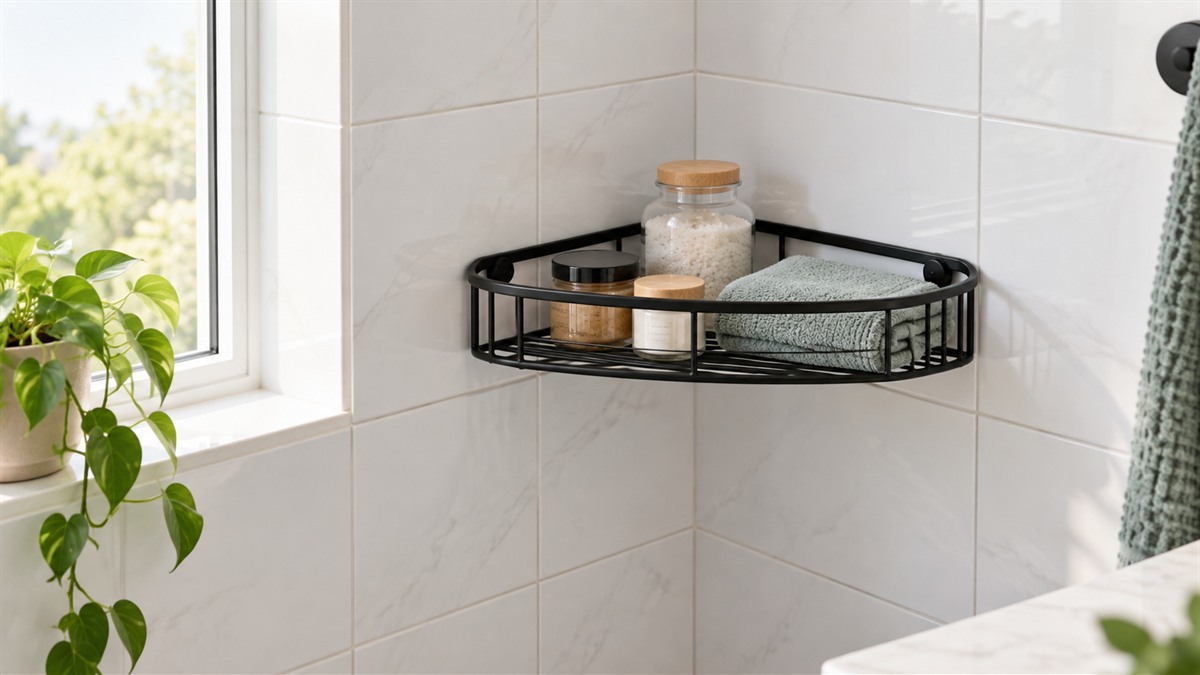 A black metal corner shelf holding a few small jars and a folded towel, mounted in the corner of a tiled bathroom.