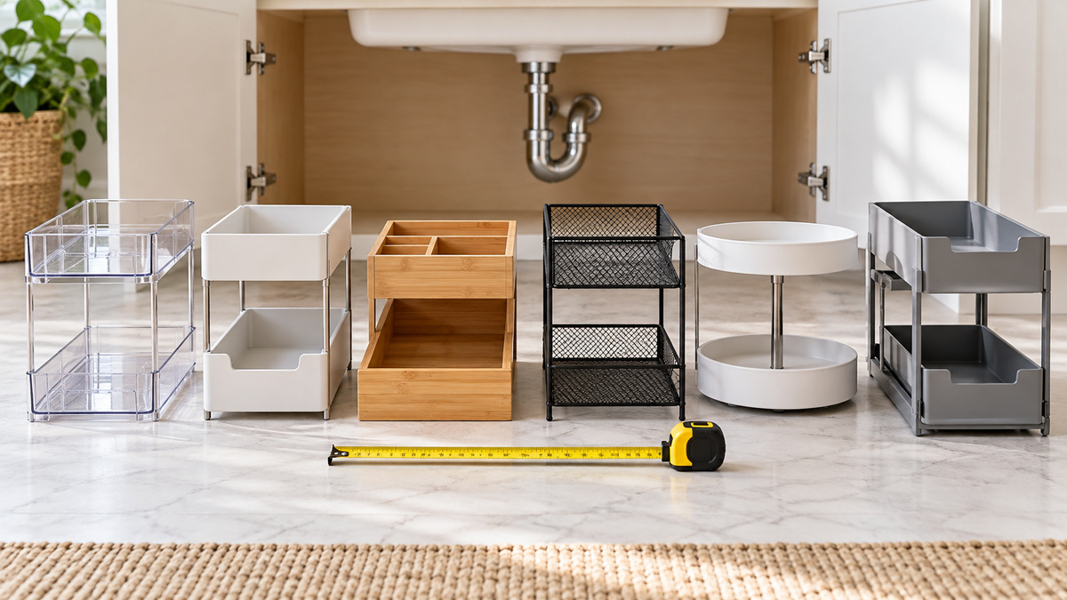 Six bathroom sink organizer formats arranged for cabinet planning.