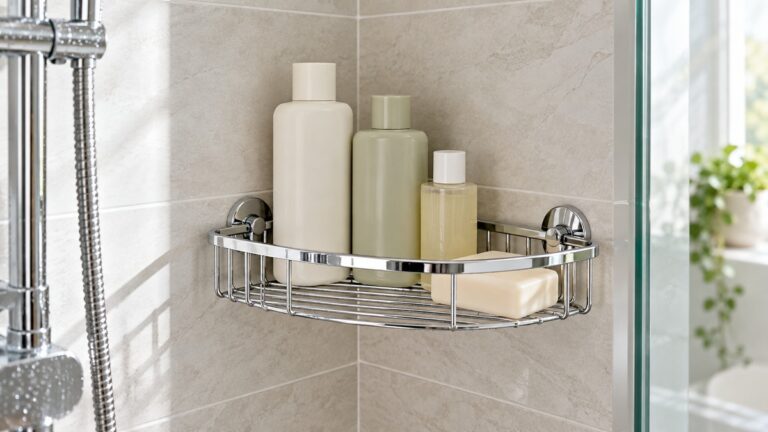 A chrome corner rack in a shower corner holding shampoo and soap bottles, lit by daylight.