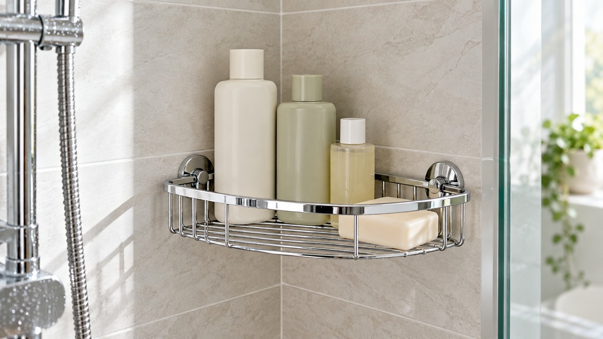 A chrome corner rack in a shower corner holding shampoo and soap bottles, lit by daylight.