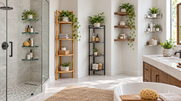 Several corner shelving unit styles displayed throughout a bright modern bathroom.