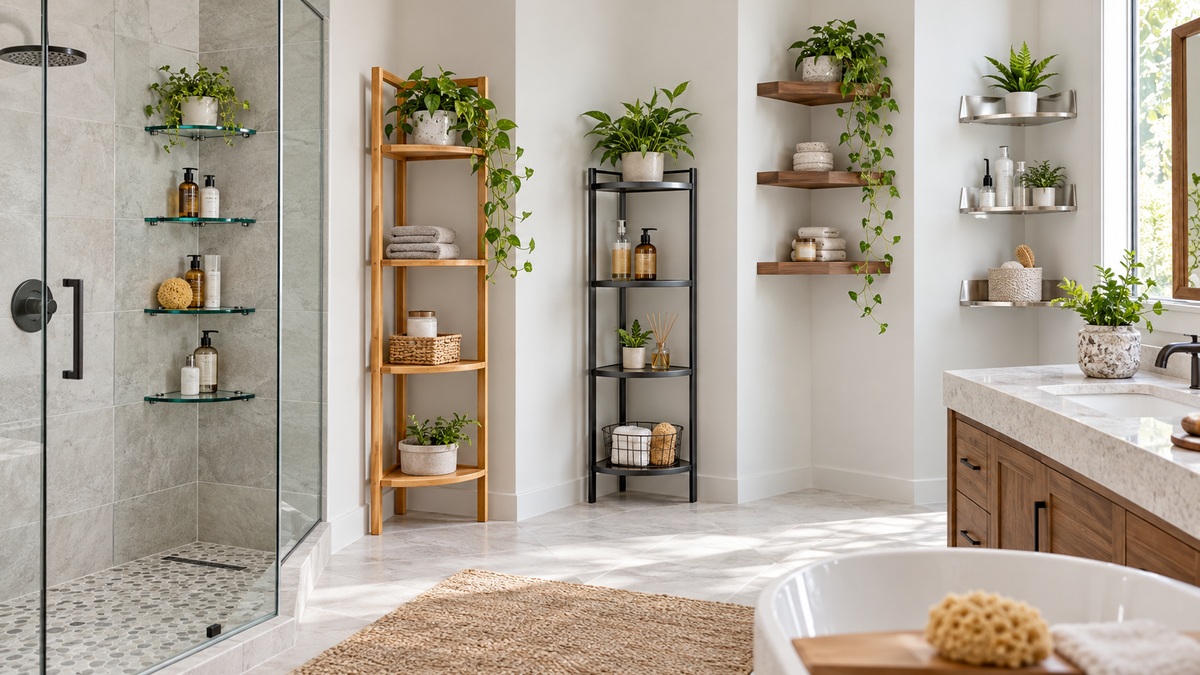 Several corner shelving unit styles displayed throughout a bright modern bathroom.