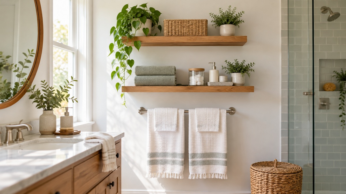 A small bathroom wall with two wooden floating shelves and a towel bar holding folded towels and bottles.