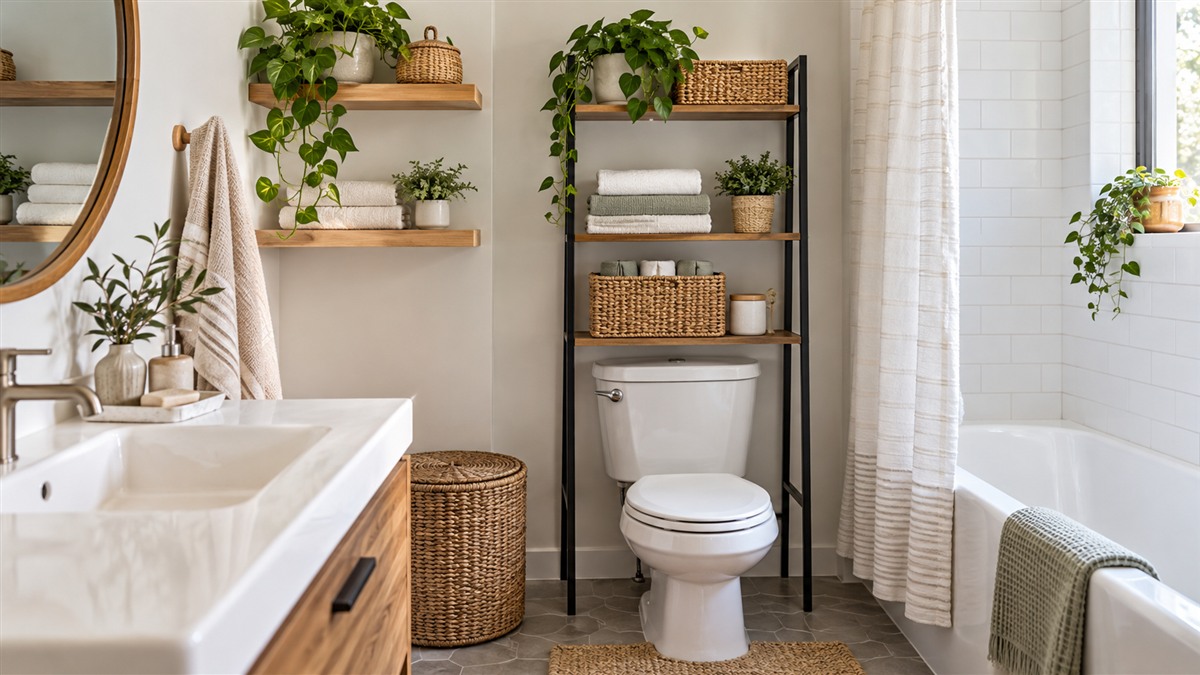 Wood floating shelves and a freestanding rack decorate the wall above a toilet.