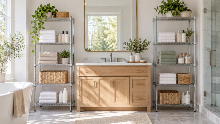 Two tall metal wire racks standing beside a bathroom vanity, holding folded towels and bottles.