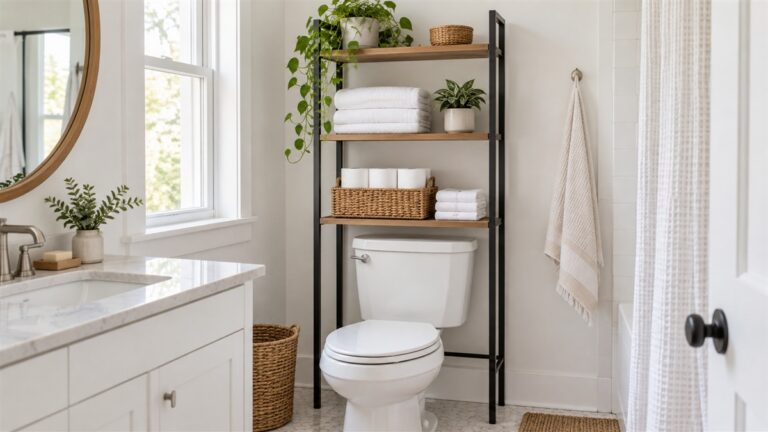 A freestanding bathroom shelf stores towels and toilet paper above the toilet.