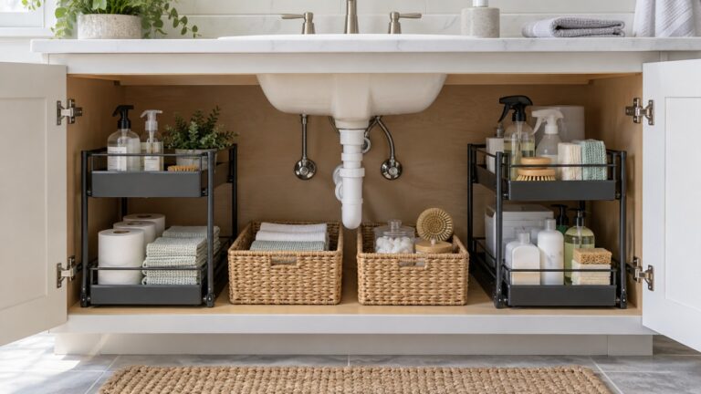 Organized under-basin bathroom storage around sink plumbing in a modern vanity cabinet.