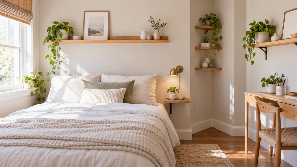 Several compact wall and corner shelves add practical storage to a bright small bedroom.