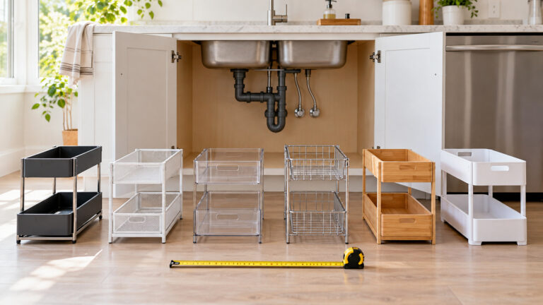 Six below-sink organizer formats compared beside an open kitchen cabinet.