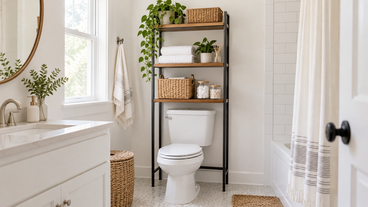 A freestanding over-toilet rack with wood shelves in a small white bathroom.