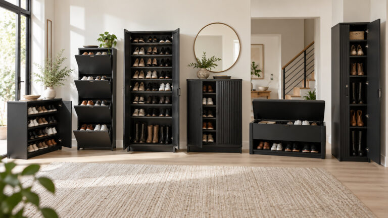 Six matte-black shoe closet and cabinet options arranged in a modern entryway.