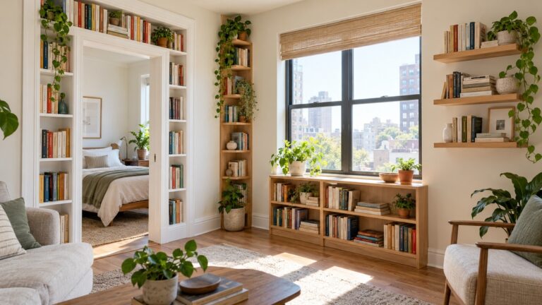 Built-in, corner, low, and floating bookcases maximize storage in a compact apartment.