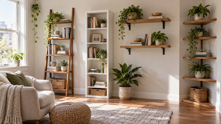 Space-saving ladder, freestanding, floating, and corner shelves furnish a bright compact room.