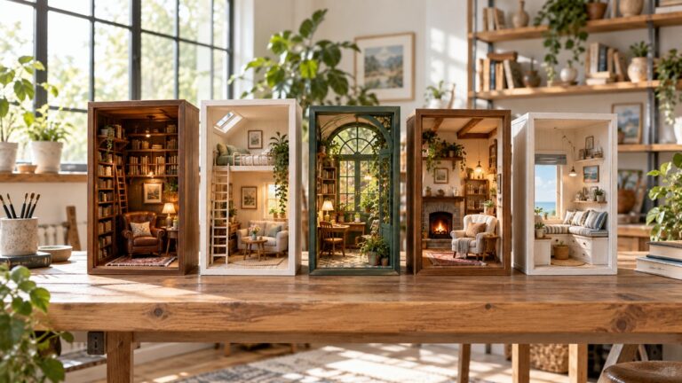 Five detailed miniature room bookshelf inserts displayed on a sunny studio worktable.
