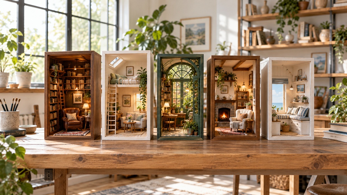 Five detailed miniature room bookshelf inserts displayed on a sunny studio worktable.