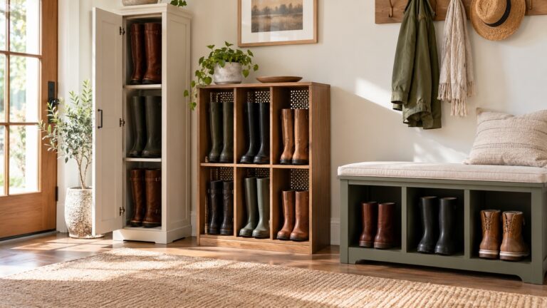 Several boot storage cabinets and cubbies organize footwear in a sunny entryway.