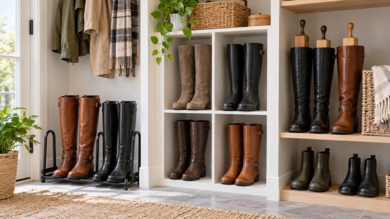 Tall boots stand neatly in racks, cubbies, and shelves inside a bright closet.