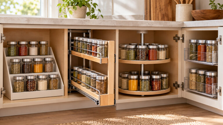 Tiered, pull-out, turntable, and bin spice organizers compared inside bright kitchen cabinets.