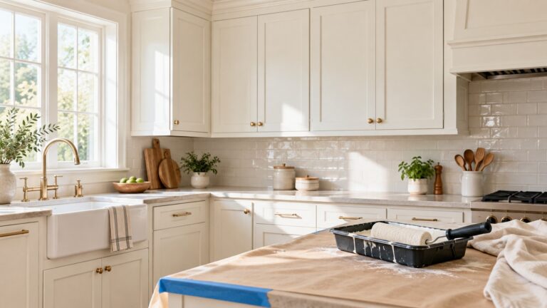 A kitchen with painted cabinet doors in a soft white, with a roller and a paint tray on the counter.