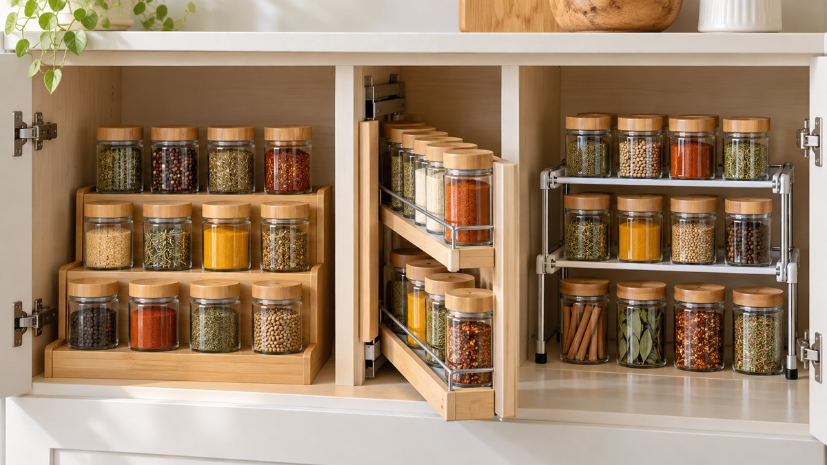 Tiered, pull-out, and expandable spice shelves organized inside a bright kitchen cabinet.