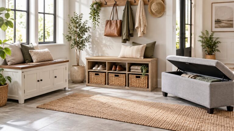 Three generic cabinet storage benches compared in a bright organized mudroom.