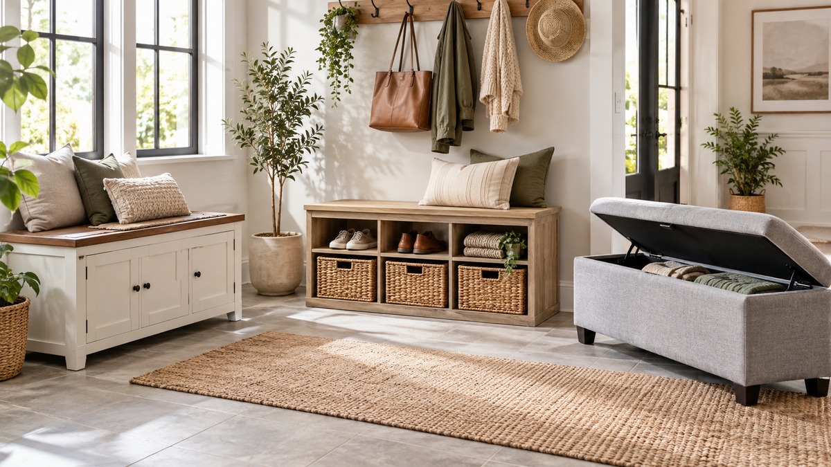 Three generic cabinet storage benches compared in a bright organized mudroom.