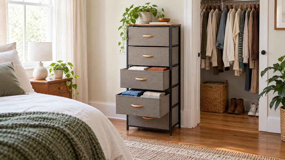 A narrow fabric chest of drawers placed beside a bedroom closet with folded clothes visible in open drawers.