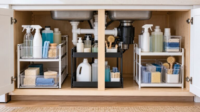 Tiered racks and divided bins organize plain cleaning containers beneath a kitchen sink.