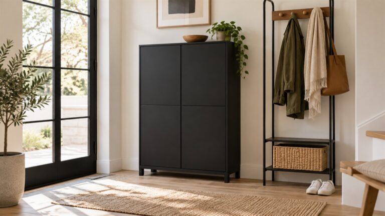 A tall black shoe cabinet with its doors closed, standing beside a coat rack in a bright entryway.