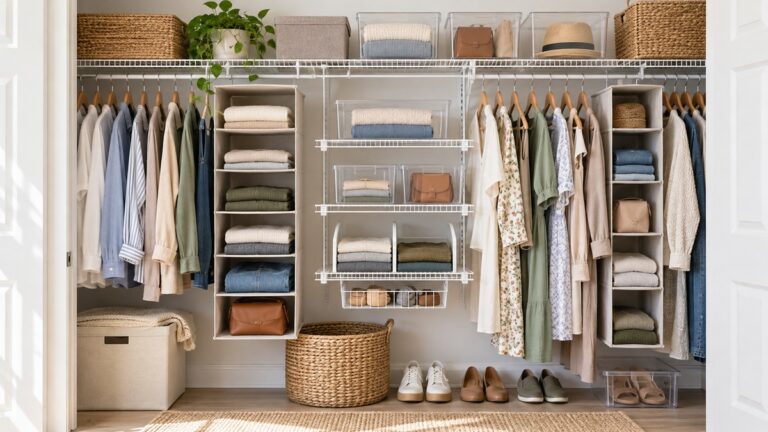 A bright closet with wire shelving, bins, dividers, cubbies, and neatly organized clothing.
