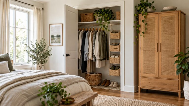 A small bedroom closet with hanging baskets and a freestanding wood wardrobe.