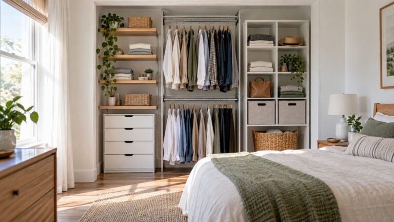 A compact bedroom closet fitted with varied shelves, hanging rails, drawers, and cube storage.