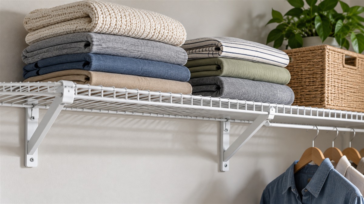 A supported white wire closet shelf holds stacks of folded clothing.